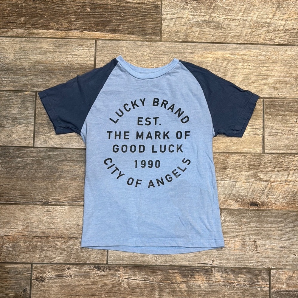 Lucky Brand Blue Raglan Tee with Circular Emblem